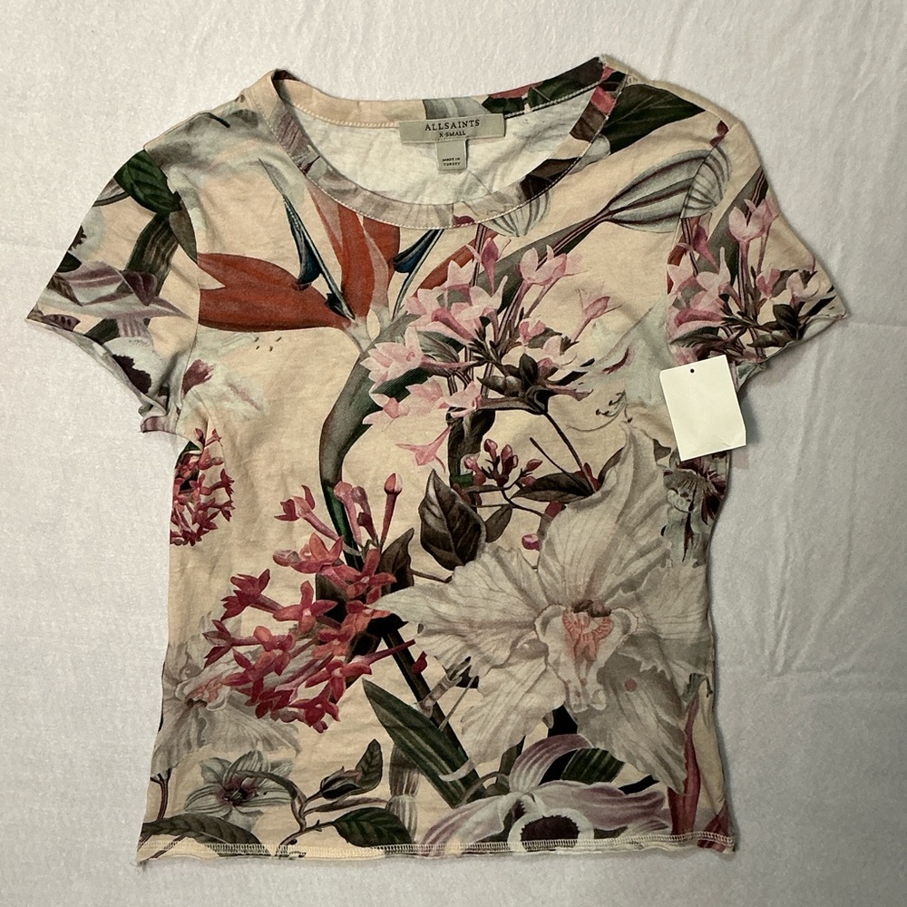 All Saints Bela Leandra Floral T Shirt Botanical Print Tee Cream and Pink XS New